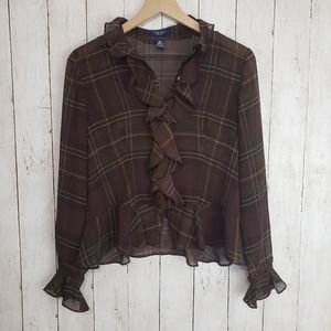 Chaps sheer long sleeve ruffle top, medium